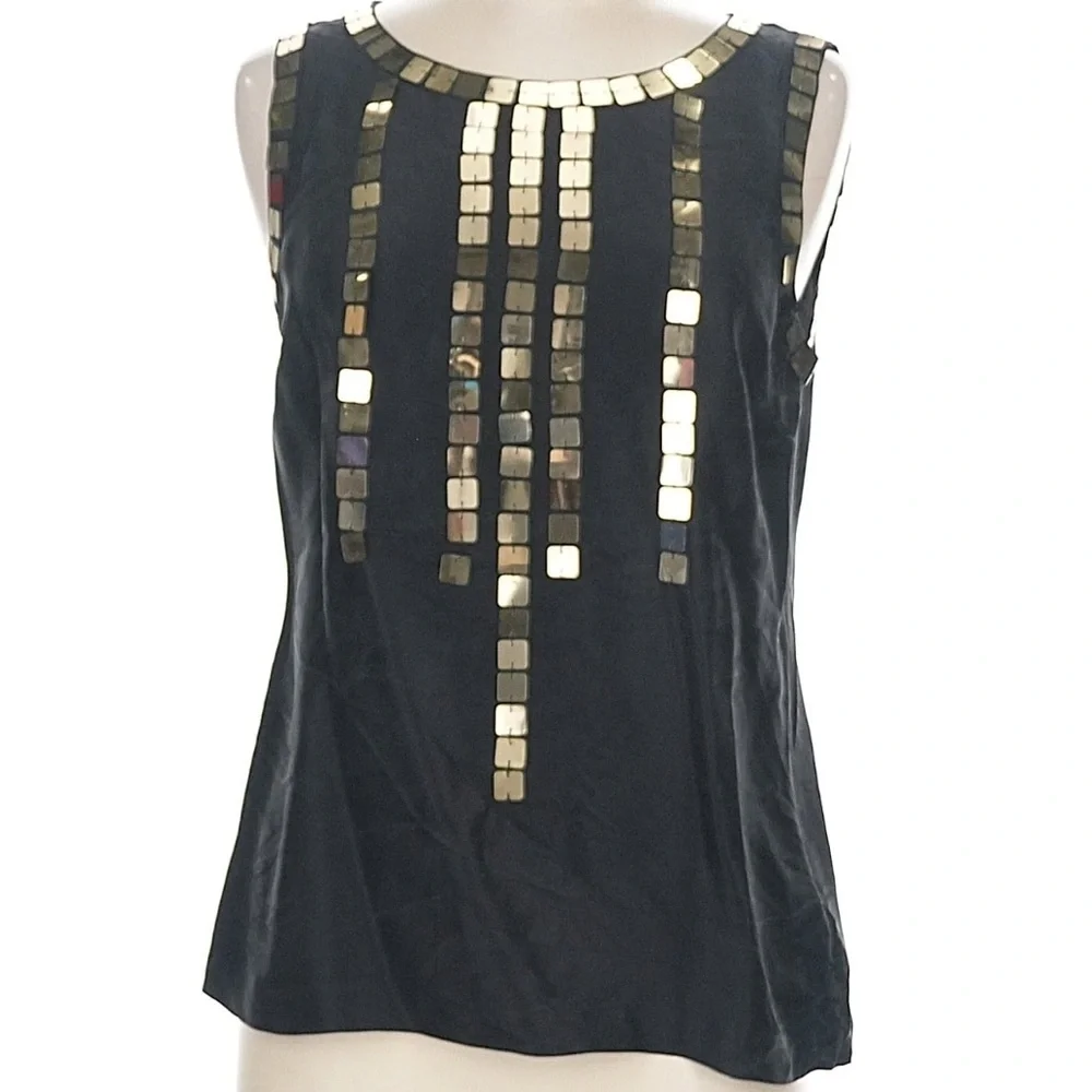 Tory Burch Sleeveless Black Silk Blouse Gold Paillettes 8 Festive Nite Out Party